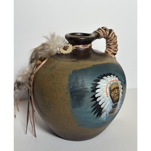 Hand Painted Ceramic Jug Indian Chief Leather Straps Feathers & Beads 7.5"H - Picture 7 of 16